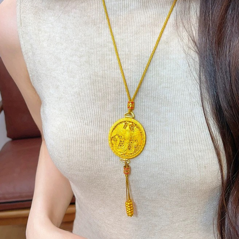 镂空花丝金凤香囊吊坠项链凤凰于飞圆牌流苏毛衣链女
