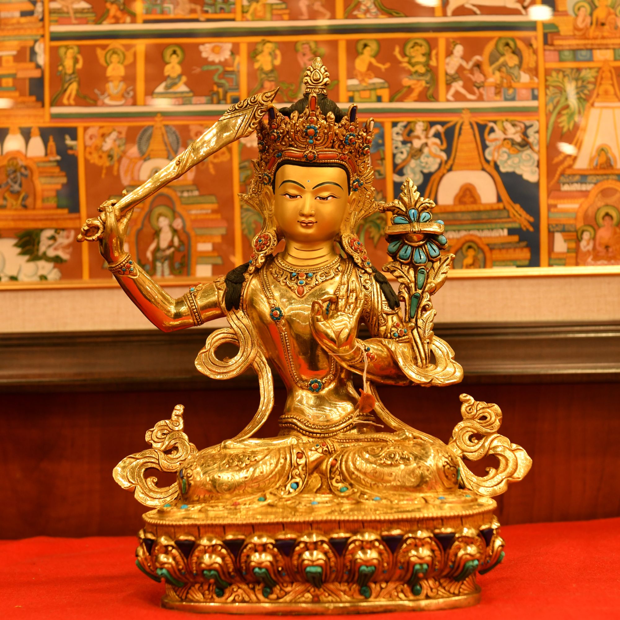 尼泊尔手工精品文殊纯铜鎏金雕刻工艺品摆件35cm