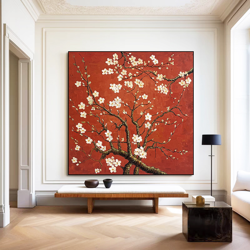 纯手绘油画《杏花》复古风沙发背景客餐厅卧室厚肌理立体感高级挂画