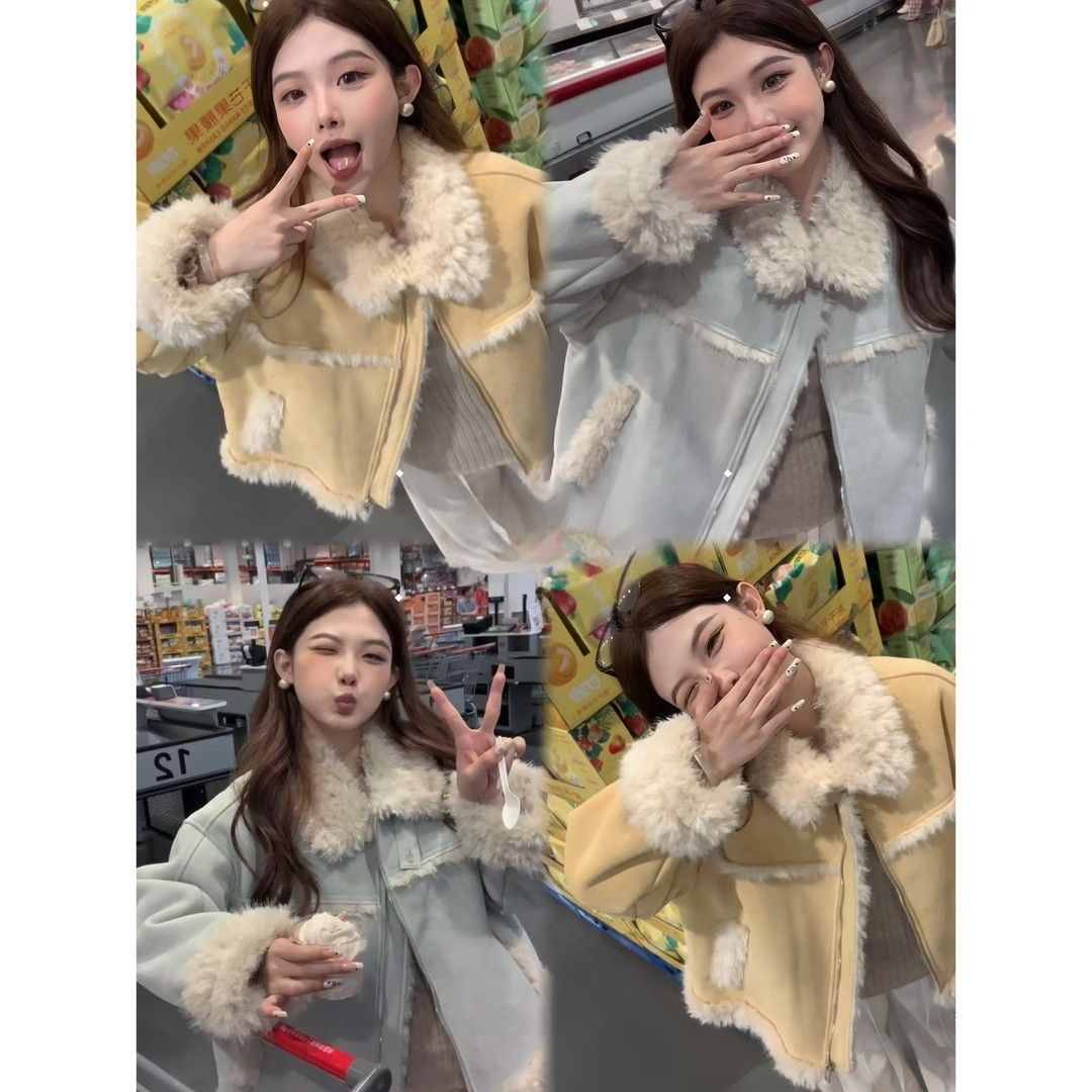 （新款+运费险）皮毛一体外套2025冬季短款机车服加厚上衣大码