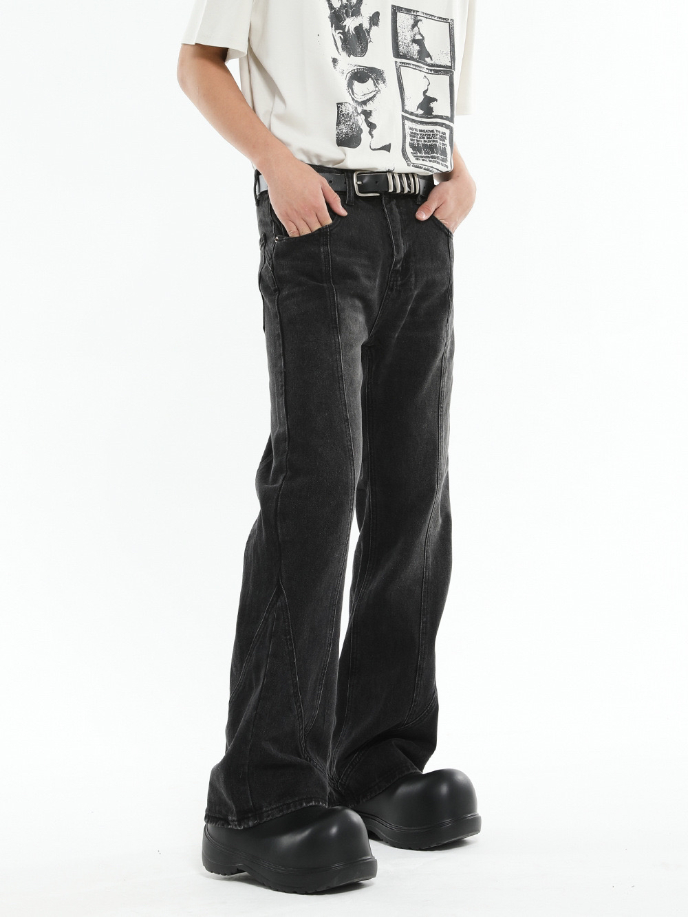 得意studio美式高街直筒拼接微喇牛仔裤潮牌ins宽松直筒aolly裤子