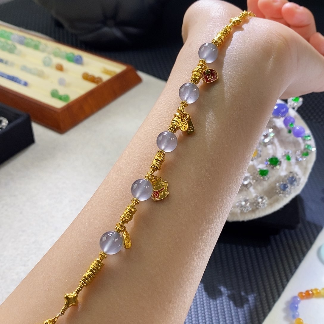 翡翠手链足金镶嵌盘缠手串