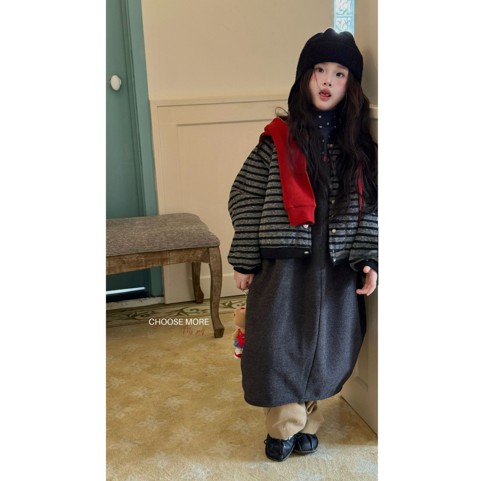 【冬品】CHOOSEMORE“ 开挂氛围”定制条纹厚款棉外套呢料廓形背心裙