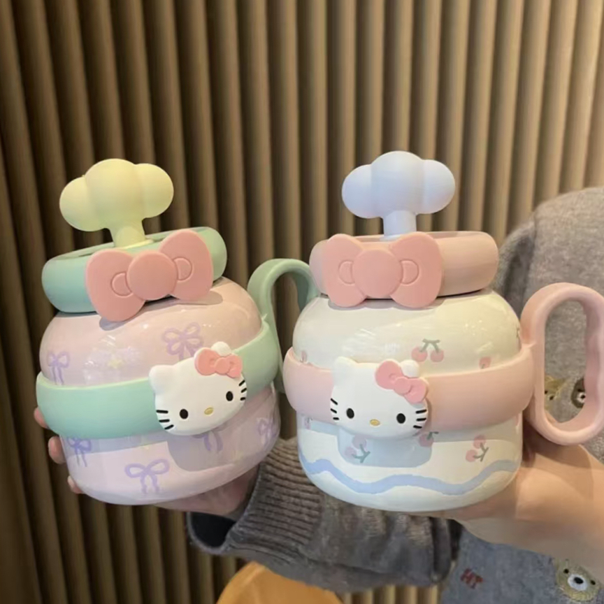 陶瓷内胆大肚保温杯大容量桌面把手带吸管女生云朵水杯可爱