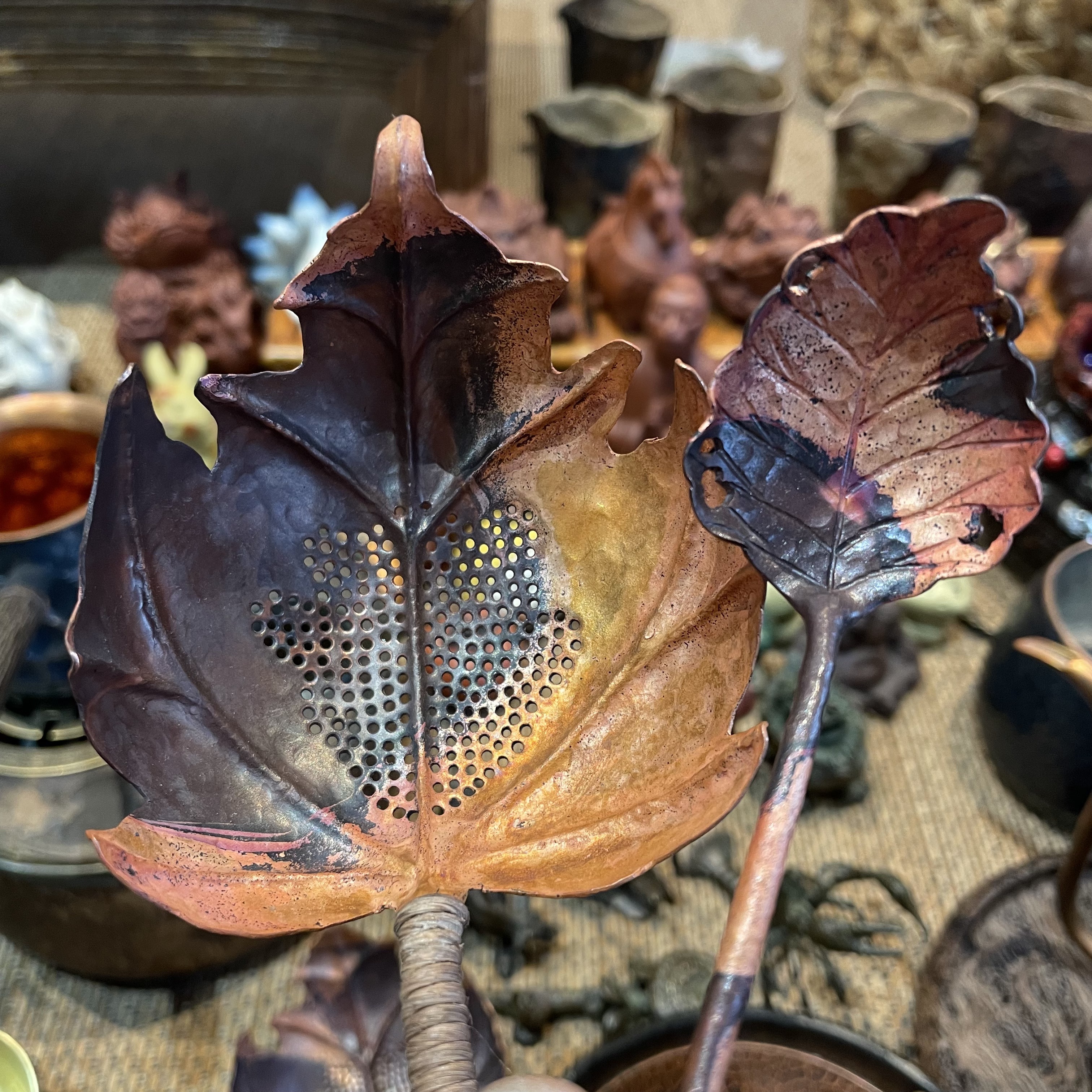 紫铜全手工制枫叶茶漏 枯叶茶勺