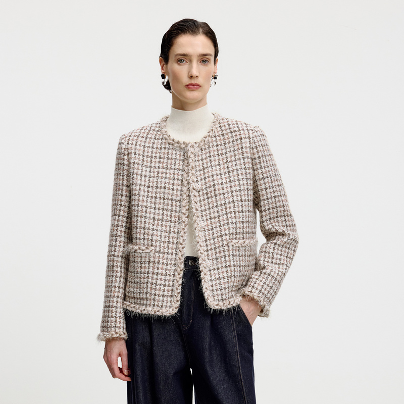 寺山文也 琅珊/撞色出新彩 羊毛粗花呢圆领短款小香风外套女秋冬