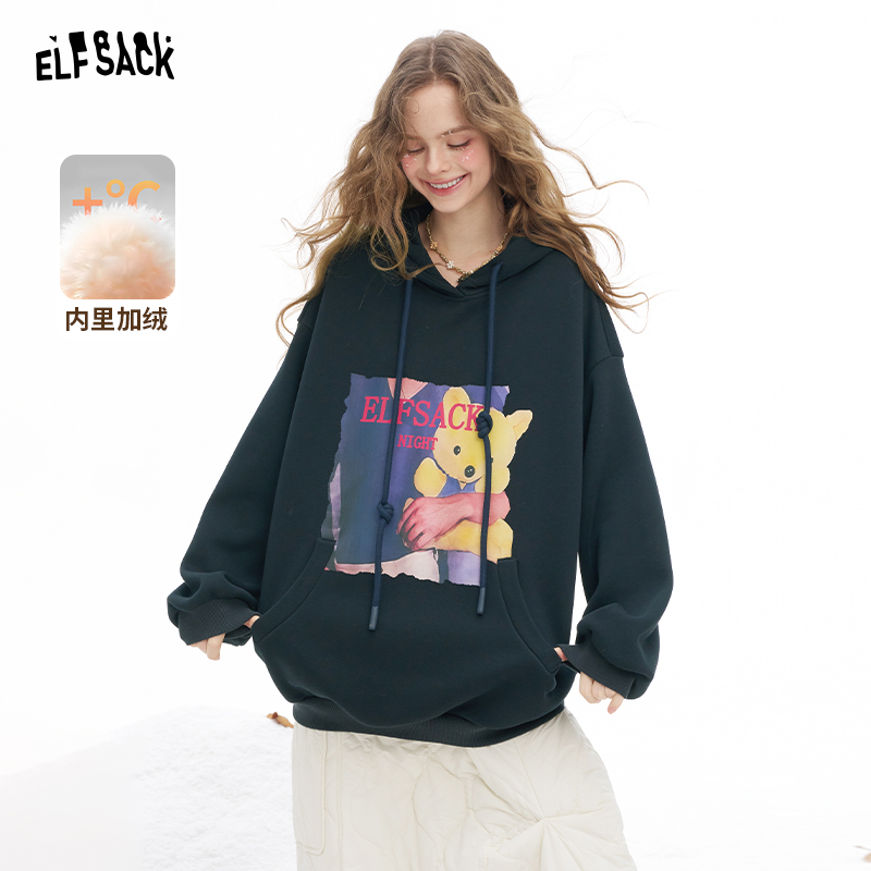 【达人专享】妖精的口袋印花连帽加绒卫衣女2025年冬新款小个子慵