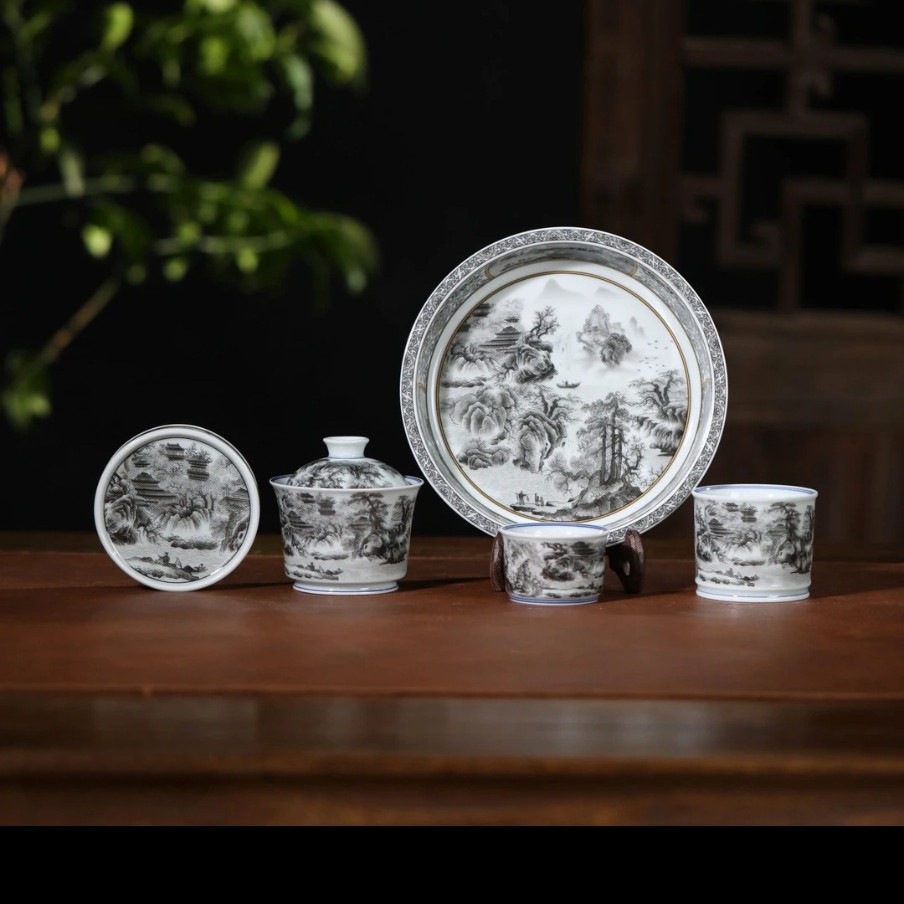 景德镇手工高温陶瓷墨彩山水春山图高端家用功夫茶具礼盒装高档