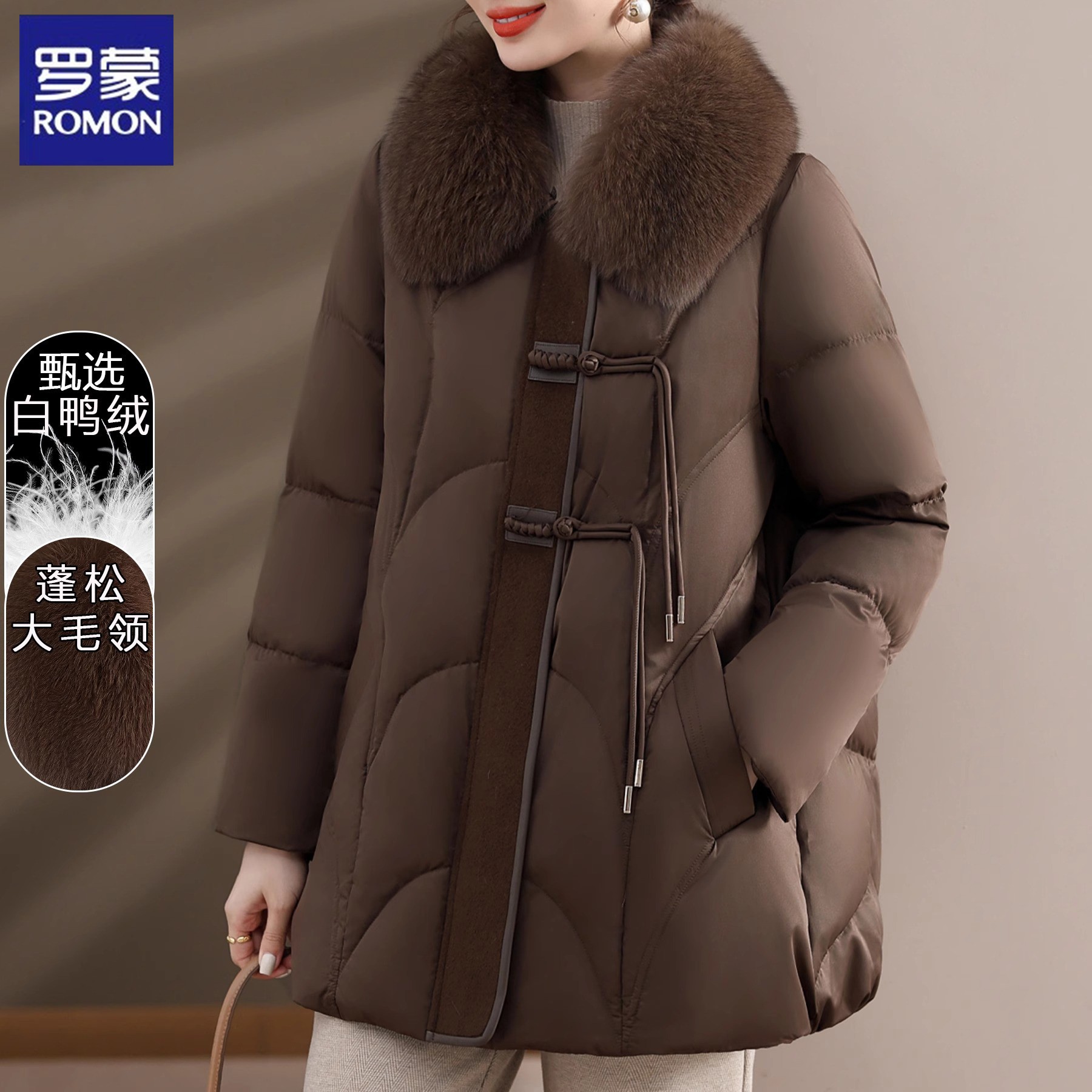 罗蒙妈妈羽绒服冬装2025新款中老年女士秋冬大毛领大码外套中长款