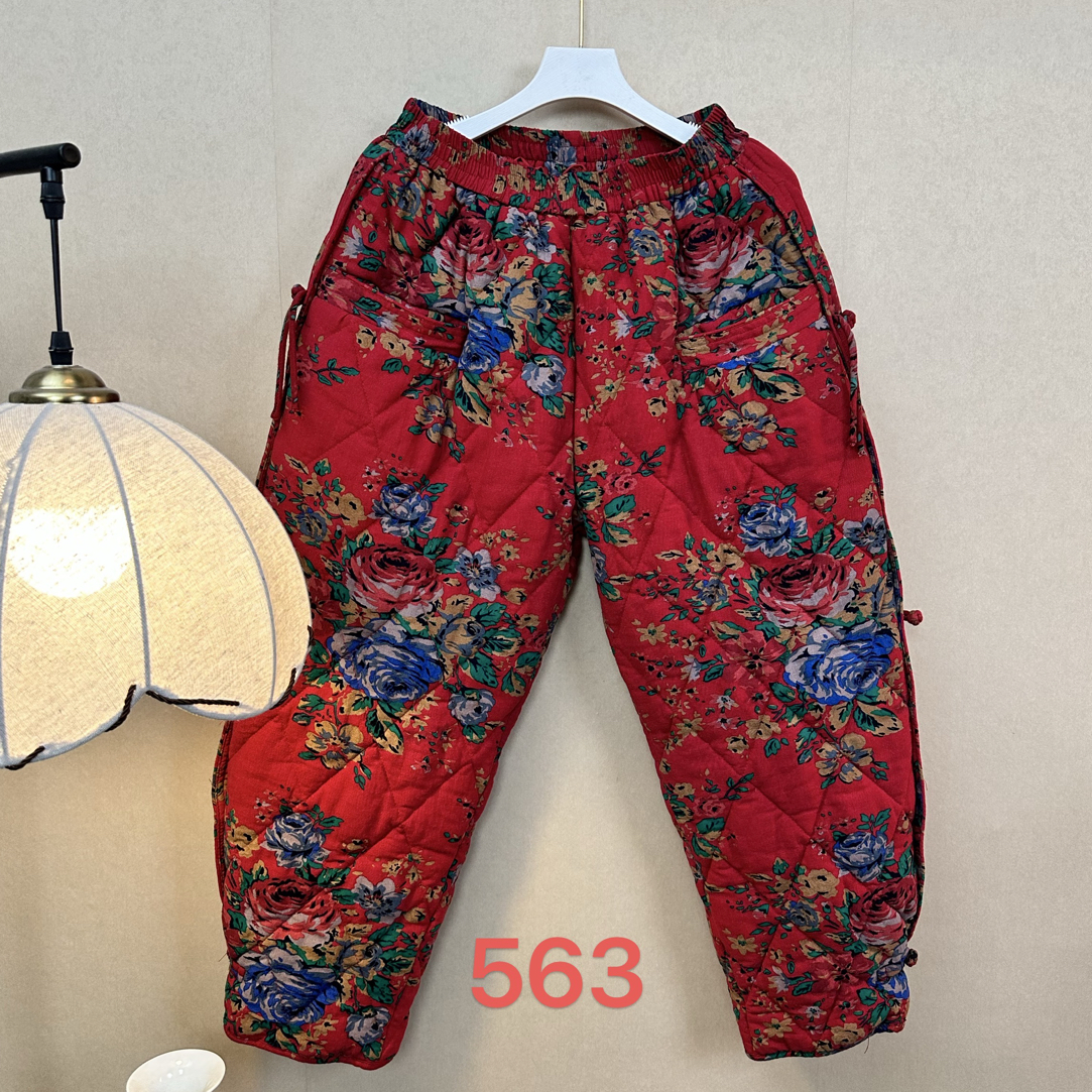 563-女冬新款东北大花绗缝复古文艺显瘦加厚保暖南瓜小脚棉裤
