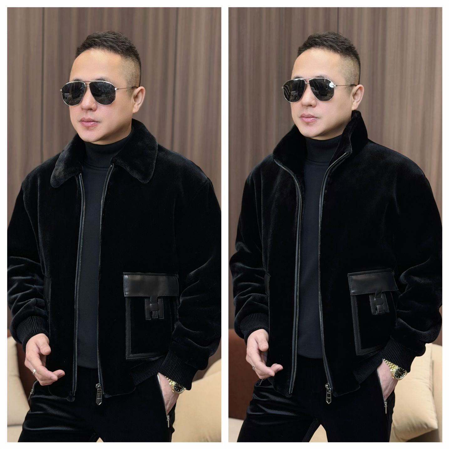 孙先生男装｜钻石绒外套男款配皮H标短款立领翻领绒毛外套25213