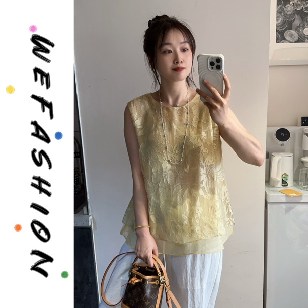 【WE】2025新中式百搭圆领提花无袖宽松衬衫