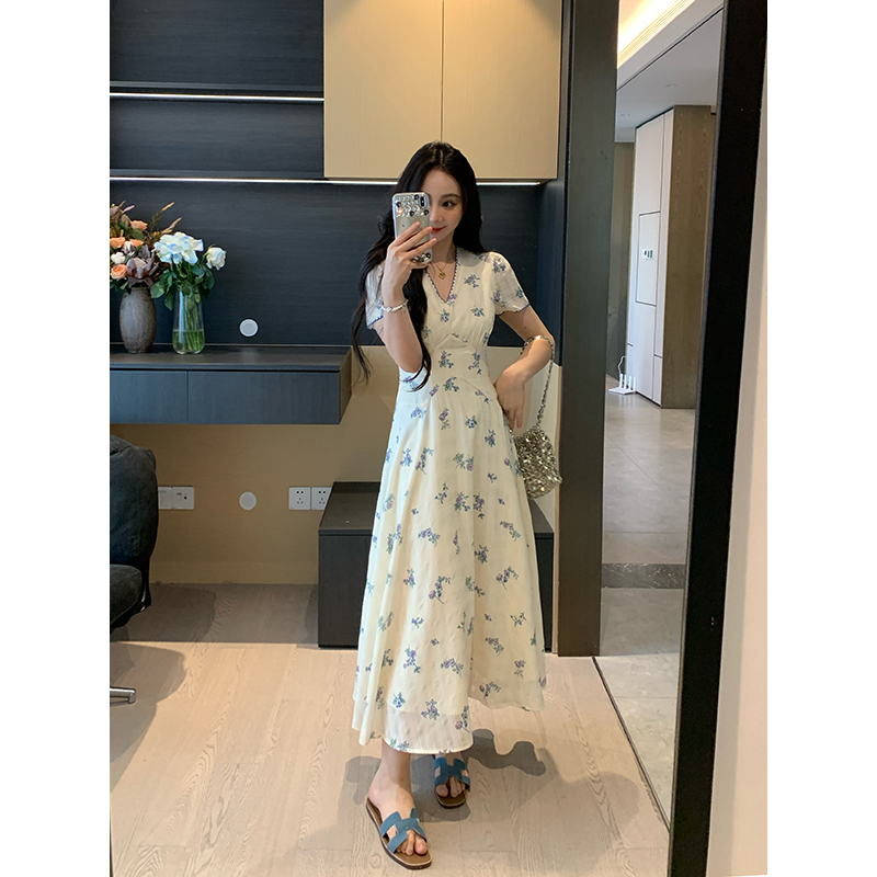 XINYI【春意华梦】夏季暗纹印花连衣裙收腰显瘦气质裙X625Q04842