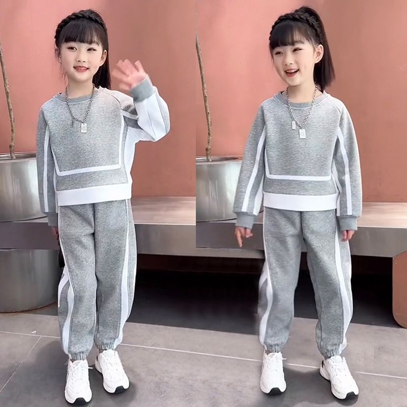 男女童春秋新款2025网红长袖洋气时髦拼色时尚中大童运动休闲套装