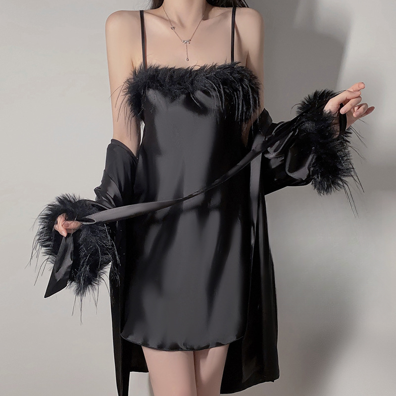 浔觅/Xunmi 「夏树花语」新款毛绒拼接大码吊带睡裙开襟外袍家居服