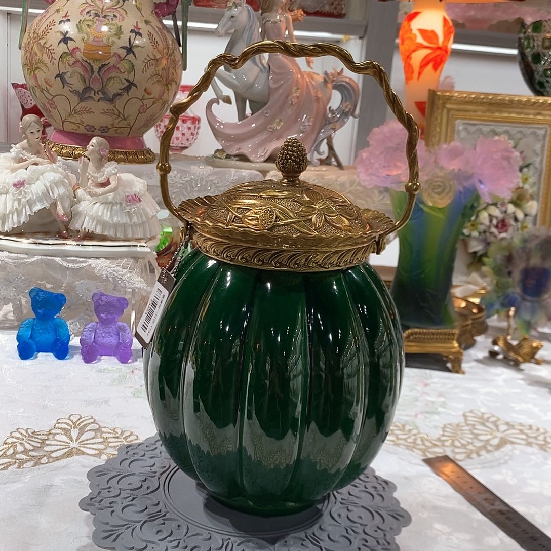 摆件F3253铜配瓷祖母绿南瓜提壶