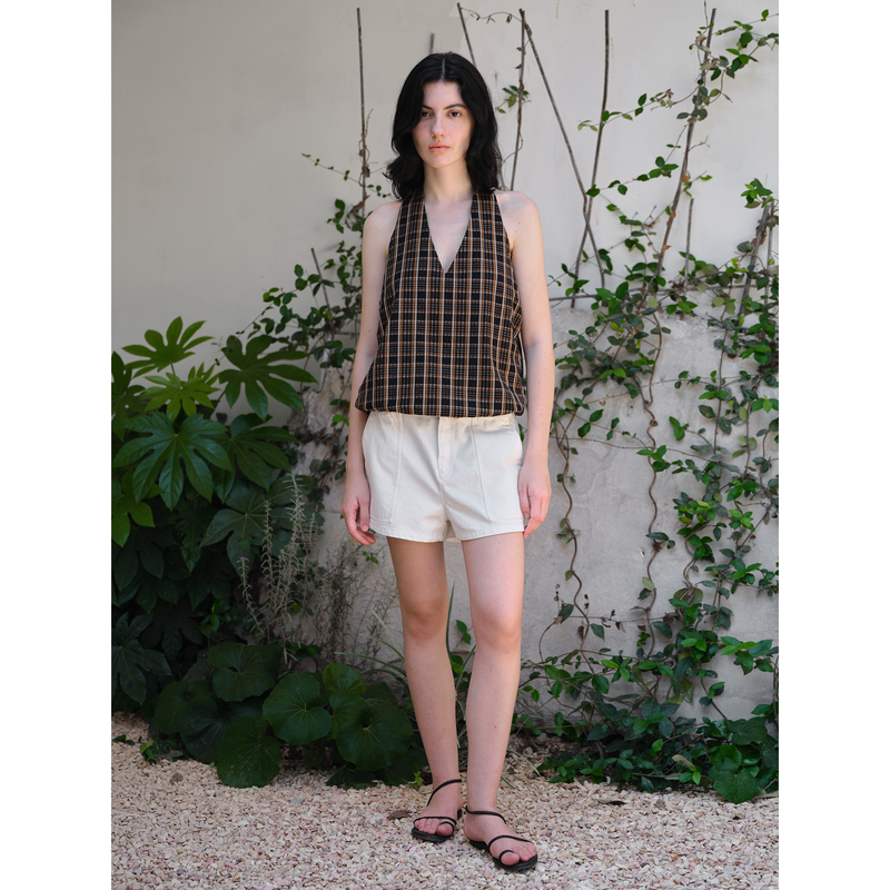 EVISTUB 复古撞色格纹慵懒休闲挂脖系带V领抽褶无袖吊带上衣女夏
