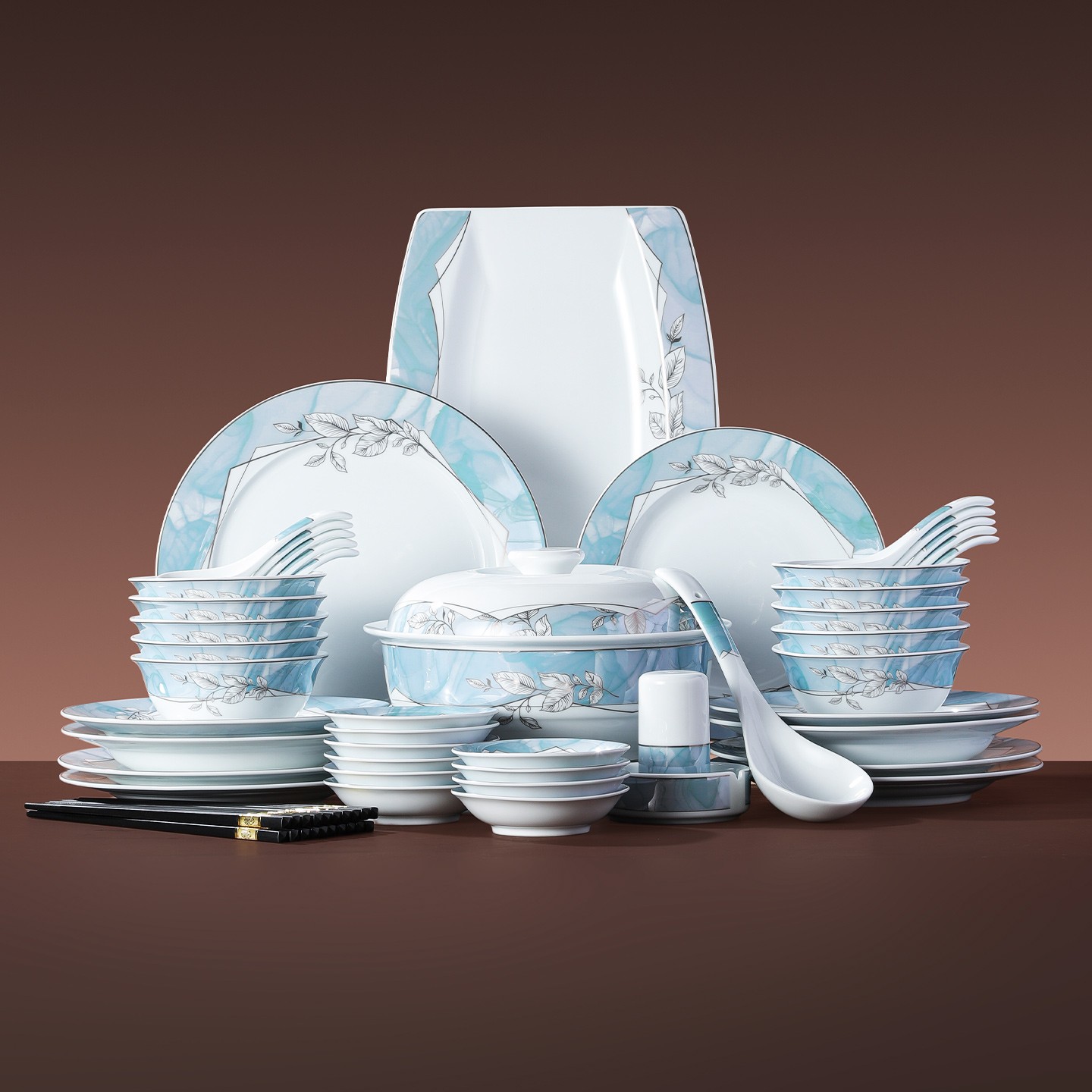 景德镇高温陶瓷高颜值碗盘餐具家用套装全套乔迁之喜套装送礼蓝玉