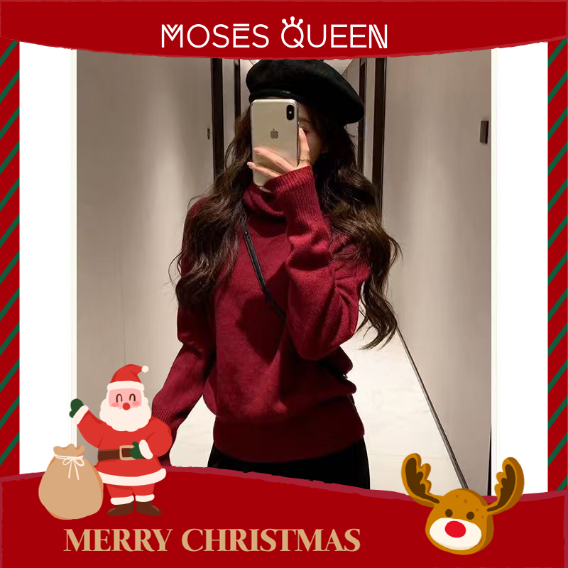 Moses Queen/魔西女王圣诞红厚款堆堆领针织衫洋气半高领上衣百搭