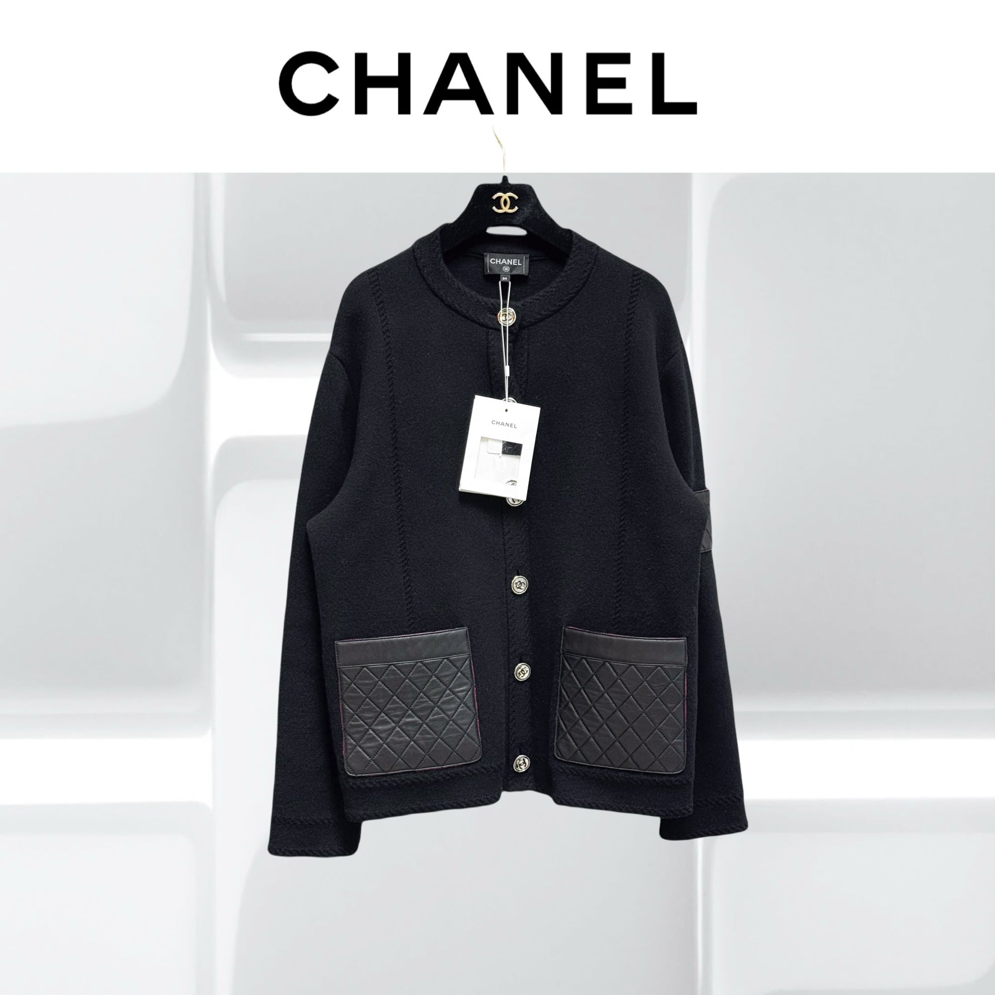 99新 Chanel/香奈儿 34码24B爆款黑色菱格拼皮羊绒针织外套
