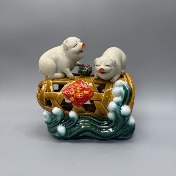 【猪笼入水】猪.石湾陶长度27宽度18高度28博古架办公室可爱陶瓷