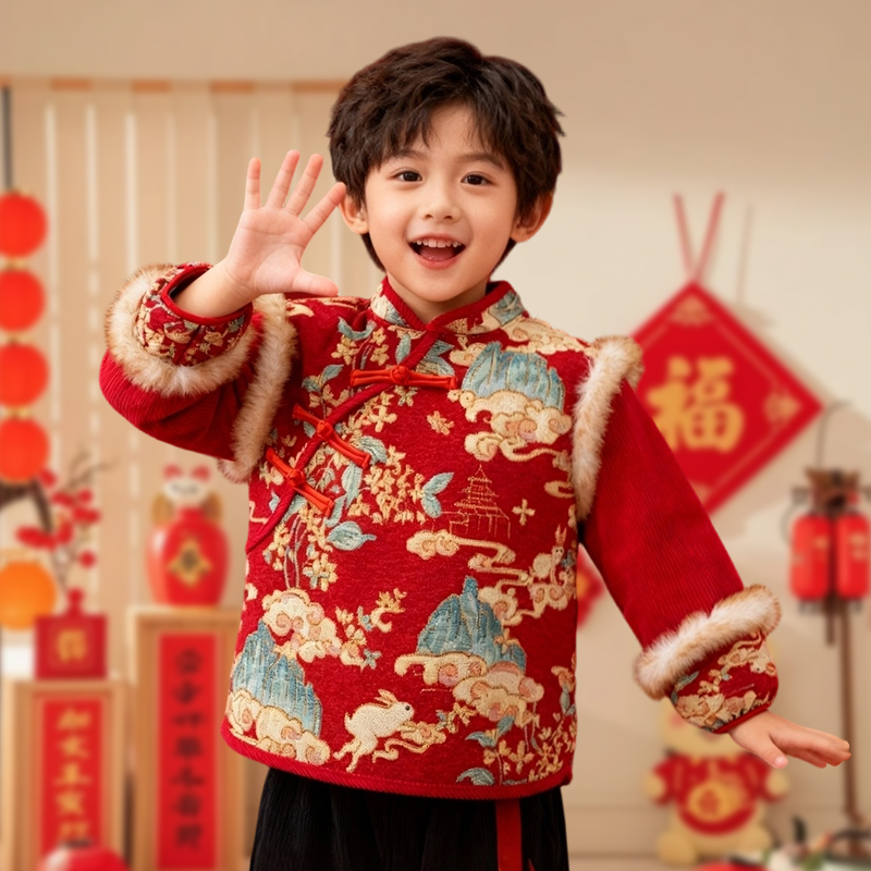 中国风唐装儿童罩衣宝宝吃饭围兜防水放脏秋冬婴儿新年喜庆拜年服