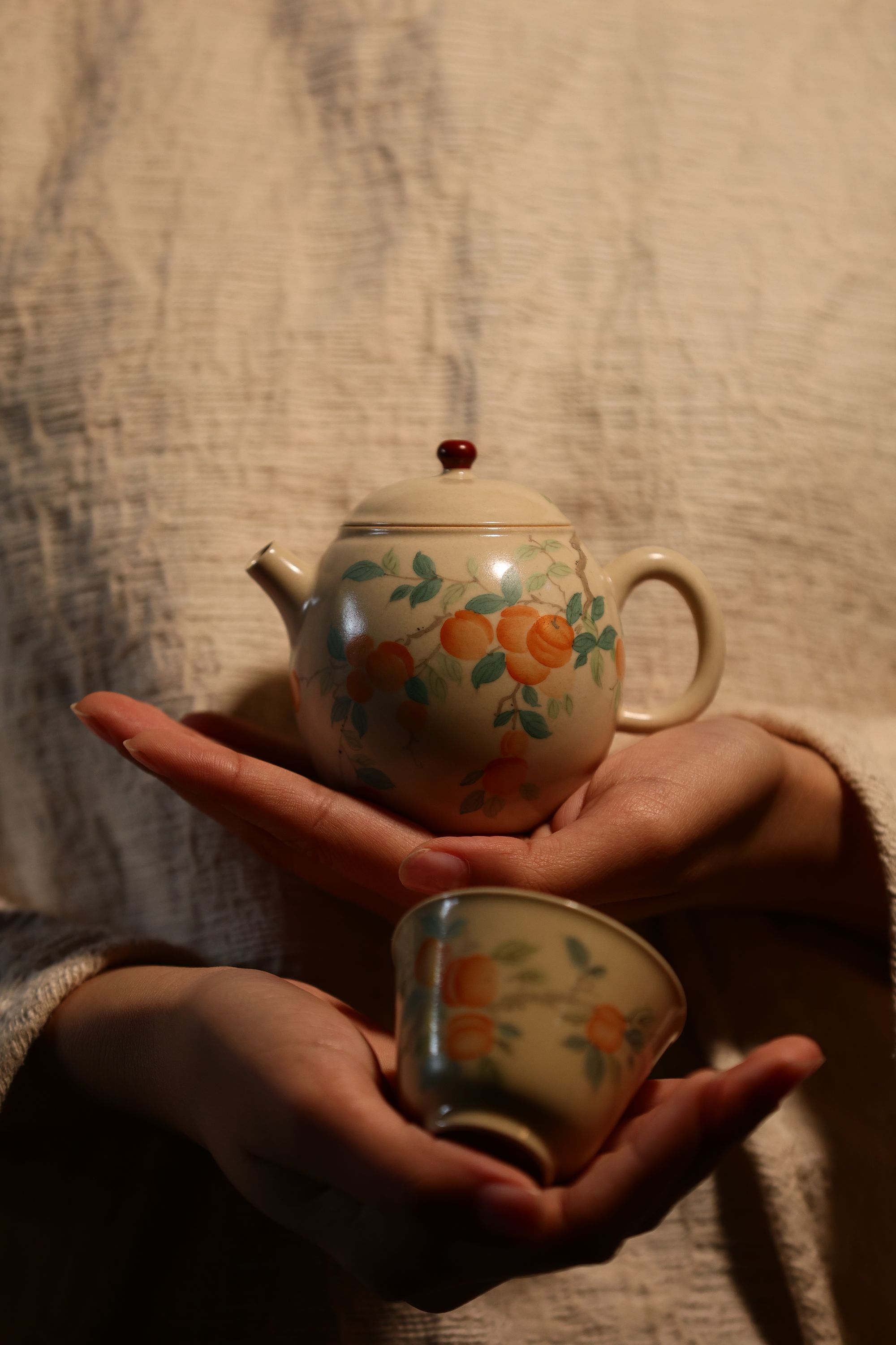 拙溪景德镇高温纯手工手绘柿柿如意壶-160ml