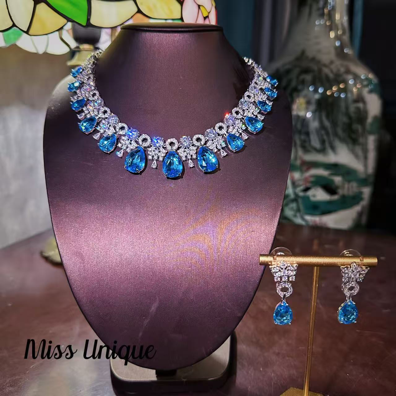 项链 S2304圆环豪镶蓝色水滴项链套装