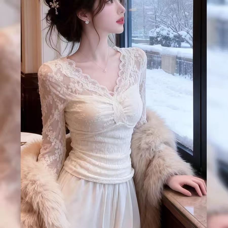 纯欲辣妹v领修身气质上衣法式显瘦内搭加绒蕾丝打底衫女装长袖t恤