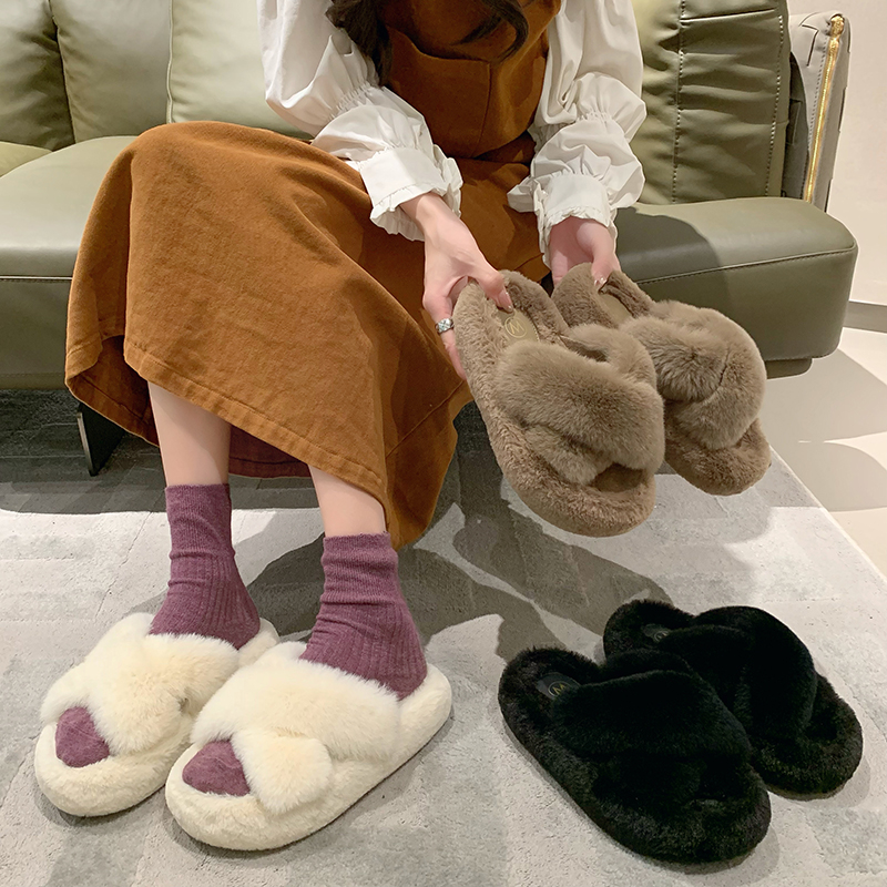 【小野家】4CM棉花糖拖法系时尚通勤毛毛鞋居家棉拖双叉舒适厚底