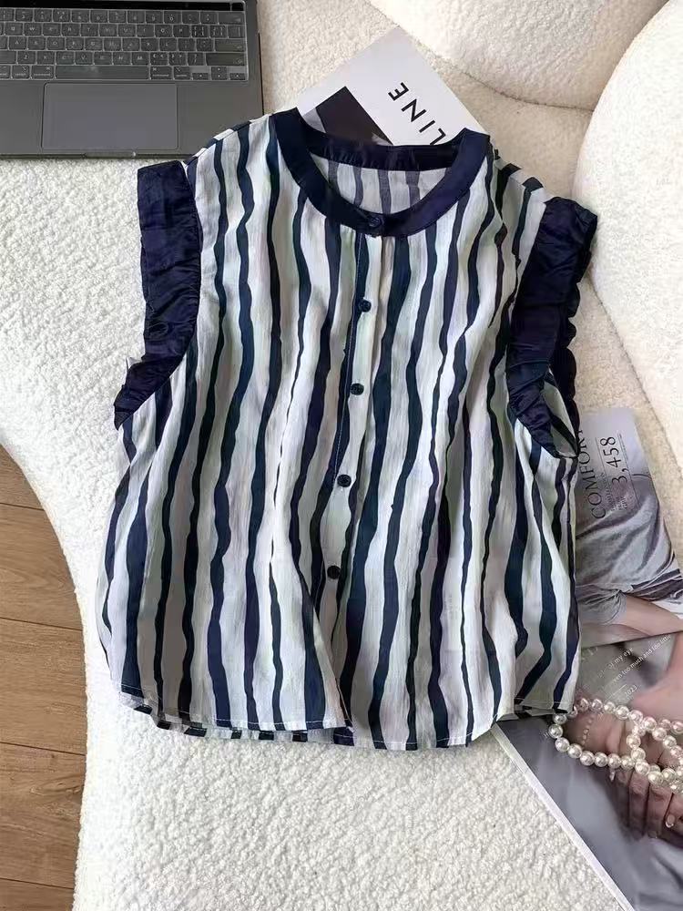 【运费补贴条】纹拼接无袖背心飞袖小衫女夏设计感小众法式薄款上衣