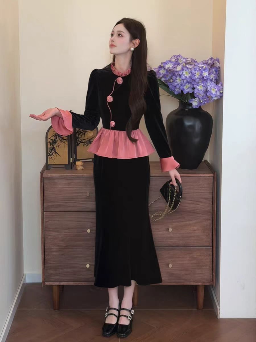 W365 复古撞色气质显瘦轻奢假两件连衣裙温柔