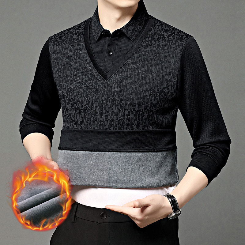 D秋冬季男士新款长袖t恤加绒加厚假两件翻领polo衫2438