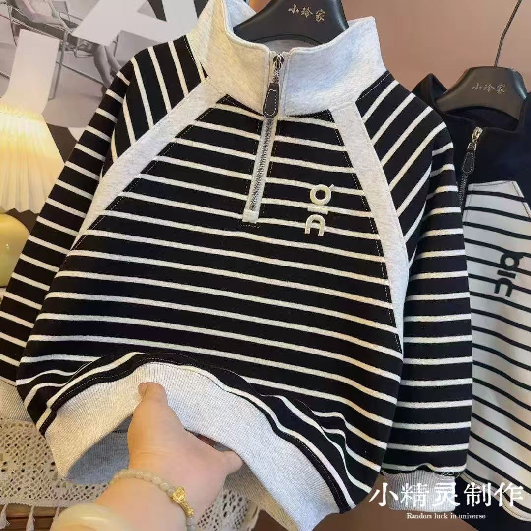 春秋款上衣2025新款洋气条纹字母设计中大童拼接百搭卫衣潮9526
