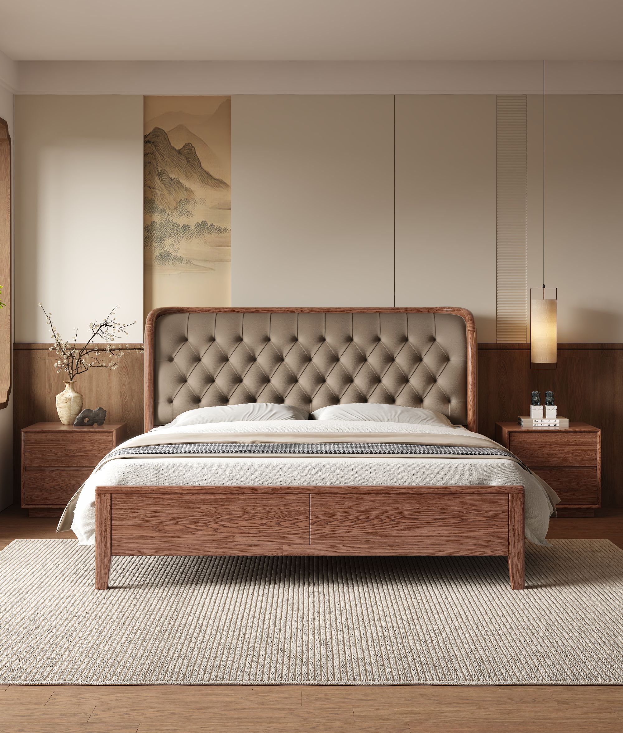 C03-4#白橡木实木床头层牛皮现代意式轻奢家用主卧双人床真皮储物