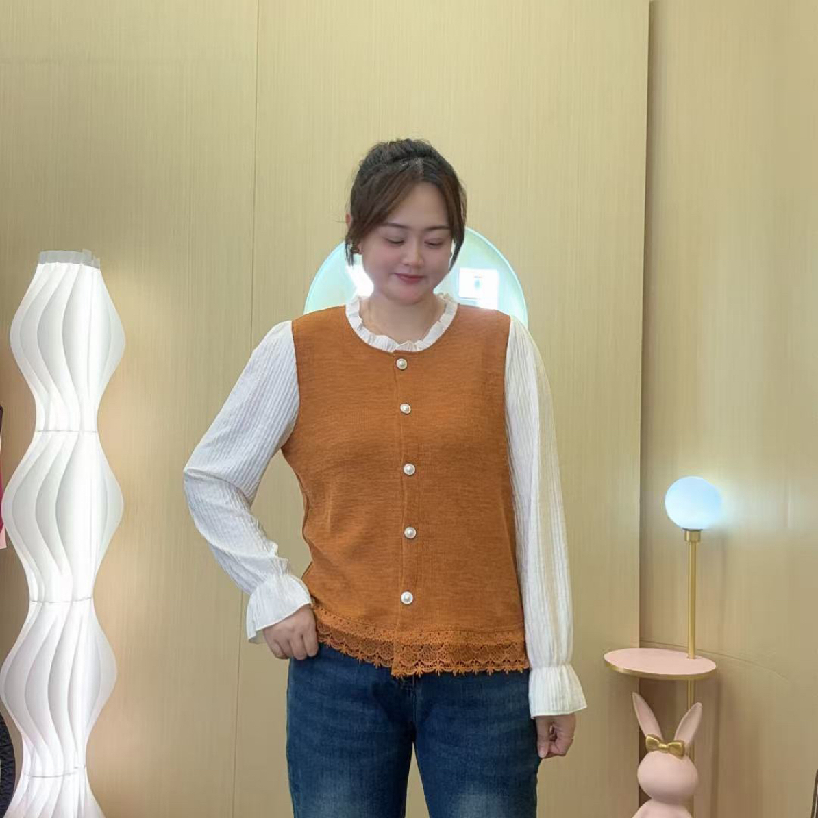 拼色假两件圆领蕾丝边长袖T恤撞色针织休闲上衣秋季新款大码女