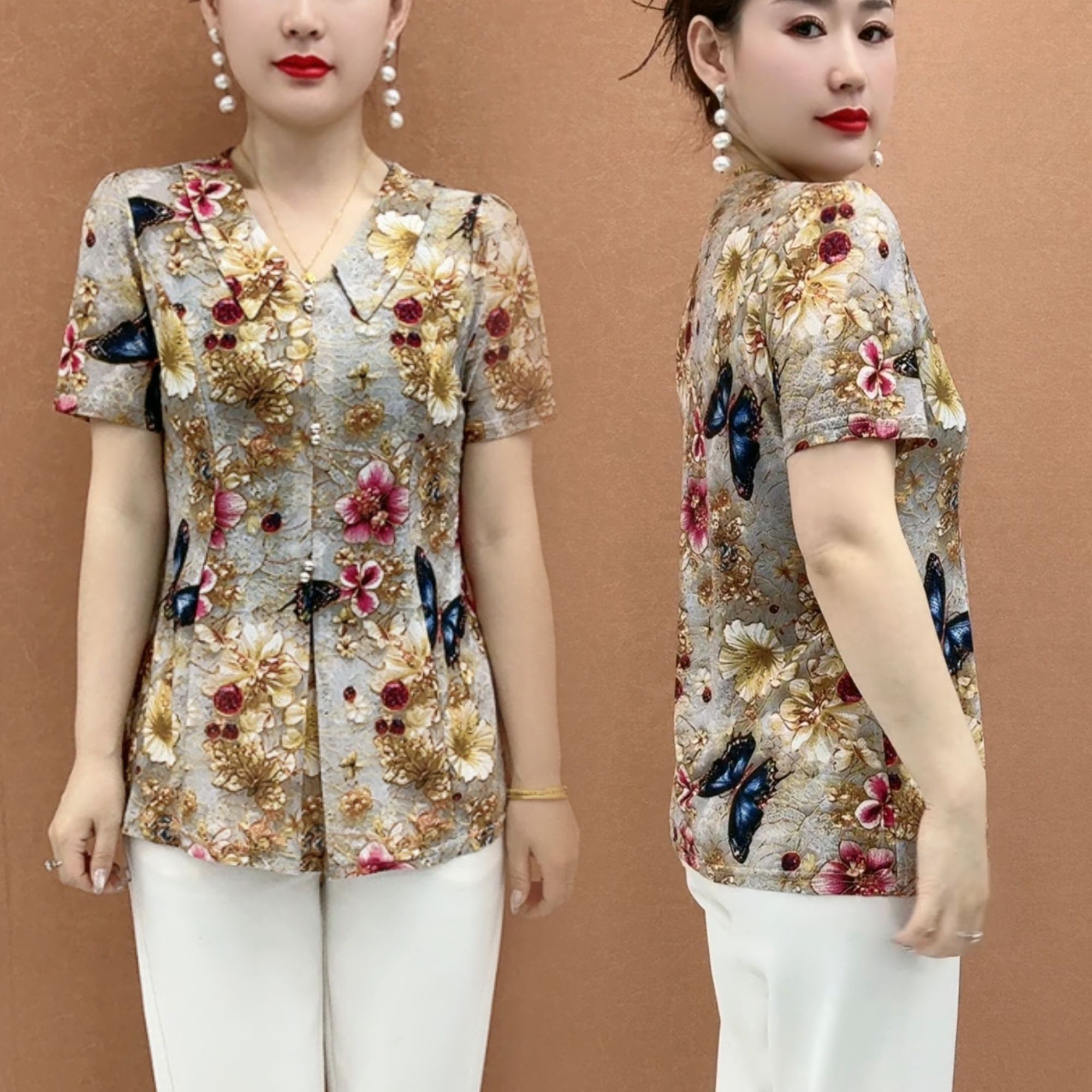 夏季短袖印花上衣显瘦洋气碎花时尚中老年妈妈装遮肚宽松女装气质
