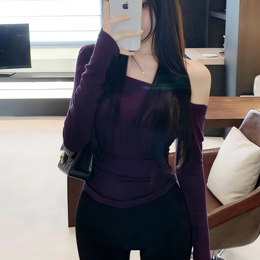 集合链接自带胸垫加细绒长袖T恤秋冬新款小众斜肩设计显瘦百搭纯