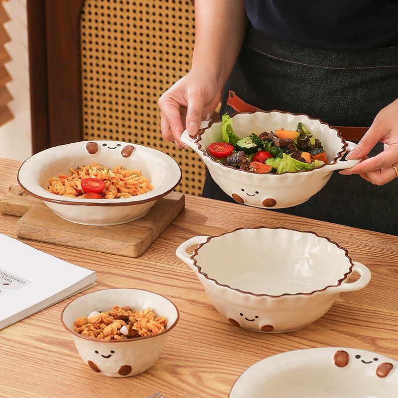 可可豆7寸波浪纹双耳碗陶瓷汤碗创意家用简约