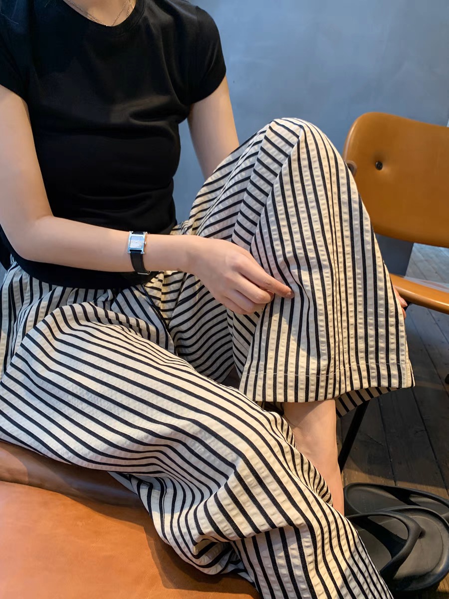 慵懒遛弯 宽松黑白条纹裤女夏季直筒长裤山本裤子休闲阔腿裤