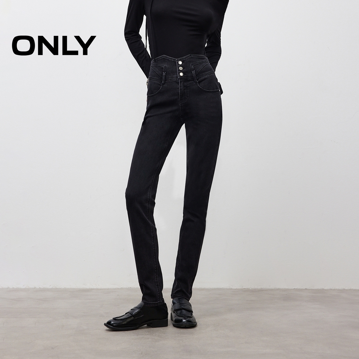 ONLY2025冬季新款束腰三粒扣塑型紧身裤高腰牛仔裤女|125432042