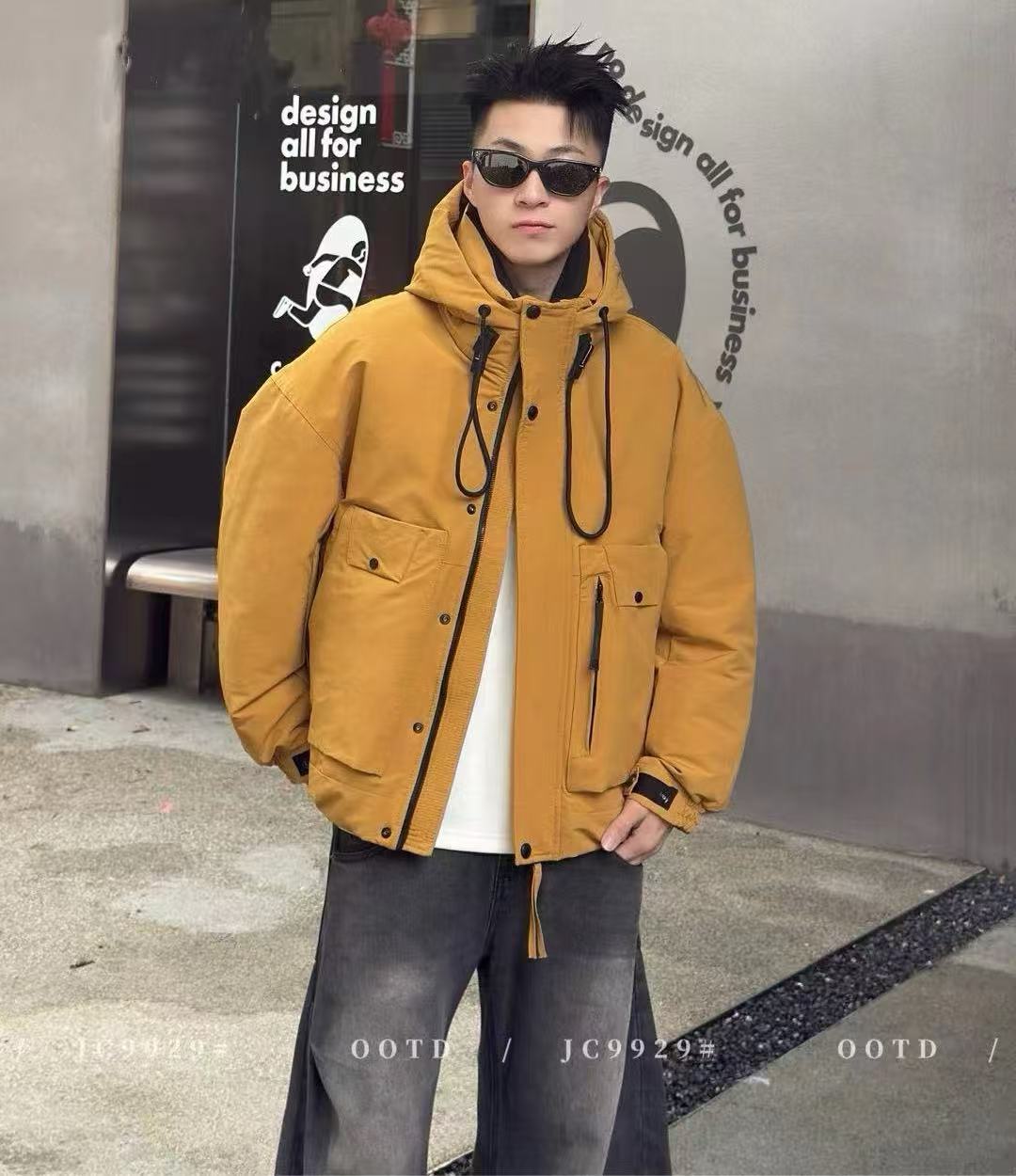 332-333-334冬季男女同款工装白鸭绒潮牌连帽多口袋羽绒服