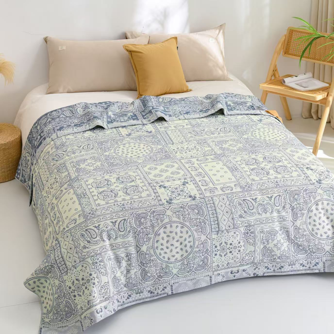 M【意境-蓝】200*230cm汉麻精梳纱布四季通用多功能床盖透气机洗