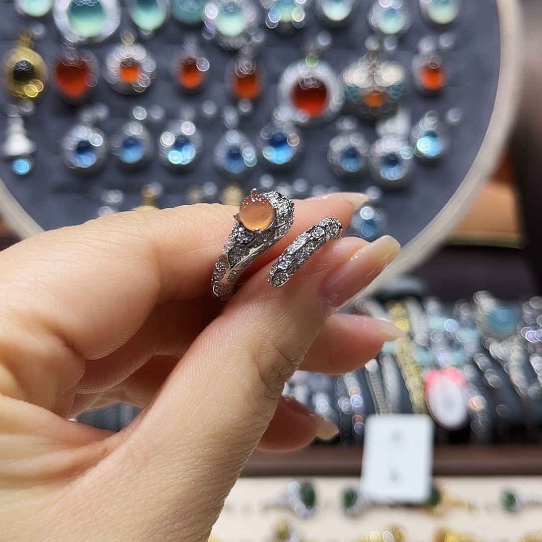 蛇纹石玉银S925镶嵌戒指