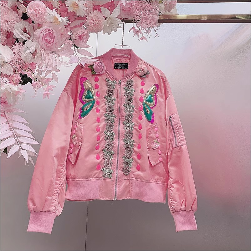 HH6443欧美风设计师2024秋冬新款重工钉钻刺绣立体花蝴蝶棒球外套