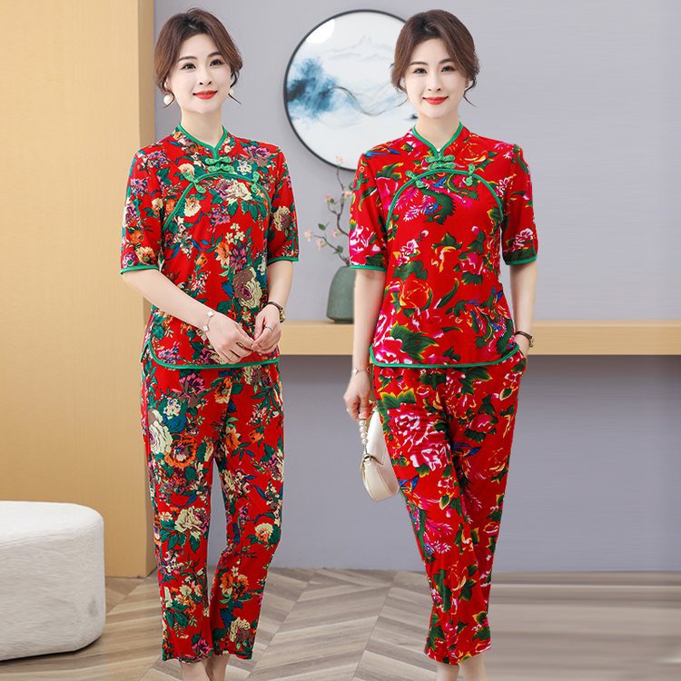 夏季新款复古立领民族风大花网红显瘦中式套装妈妈装