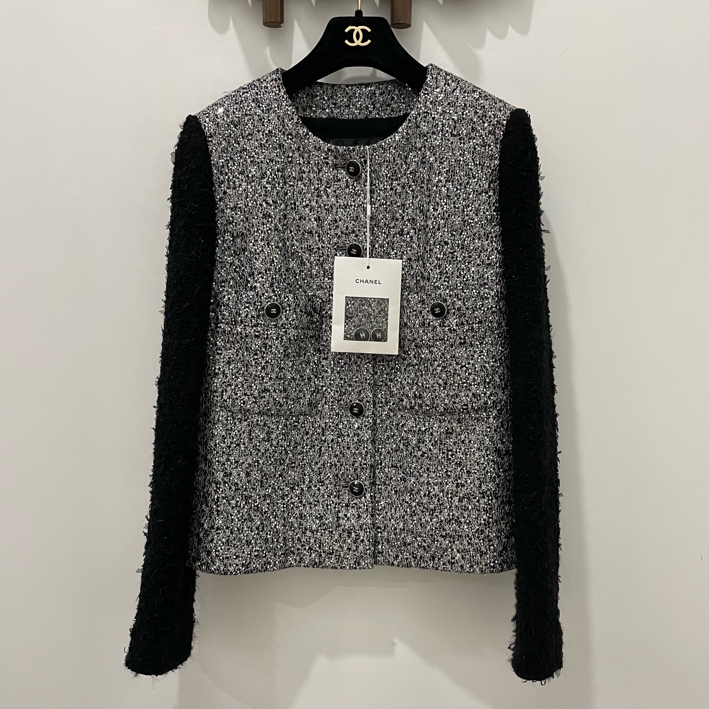 99新 Chanel/香奈儿 21B黑印拼色粗花呢外套 36码