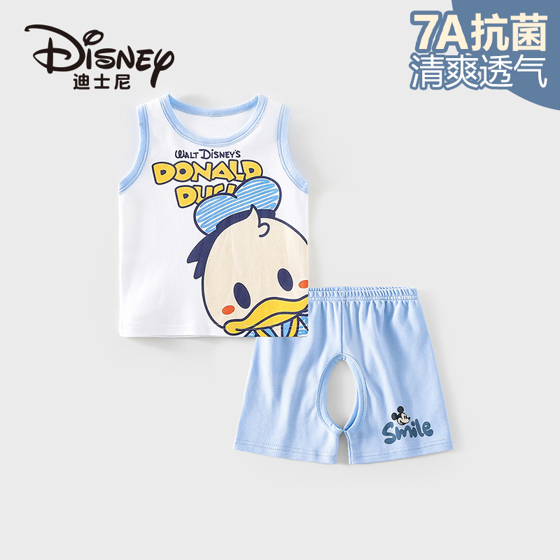 Disney/迪士尼新生儿纯棉背心开裆短裤套装夏季薄款透气婴儿衣服