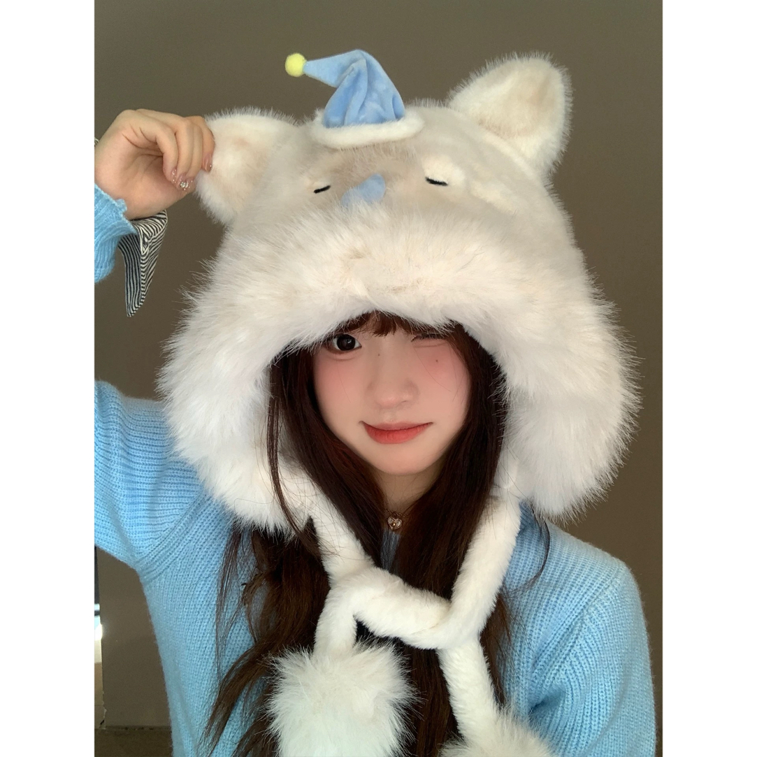 可爱晚安小熊毛绒帽子女冬季加厚保暖护耳雷锋帽百搭显脸小套头帽