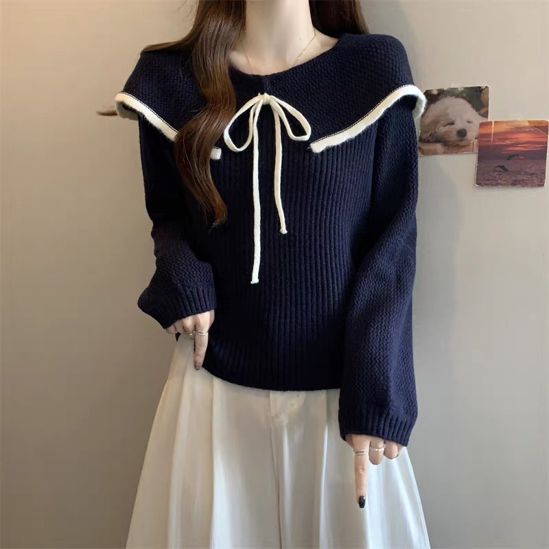 大码遮肚子娃娃领系带软糯毛衣女春秋胖MM宽松显瘦洋气长袖针织衫